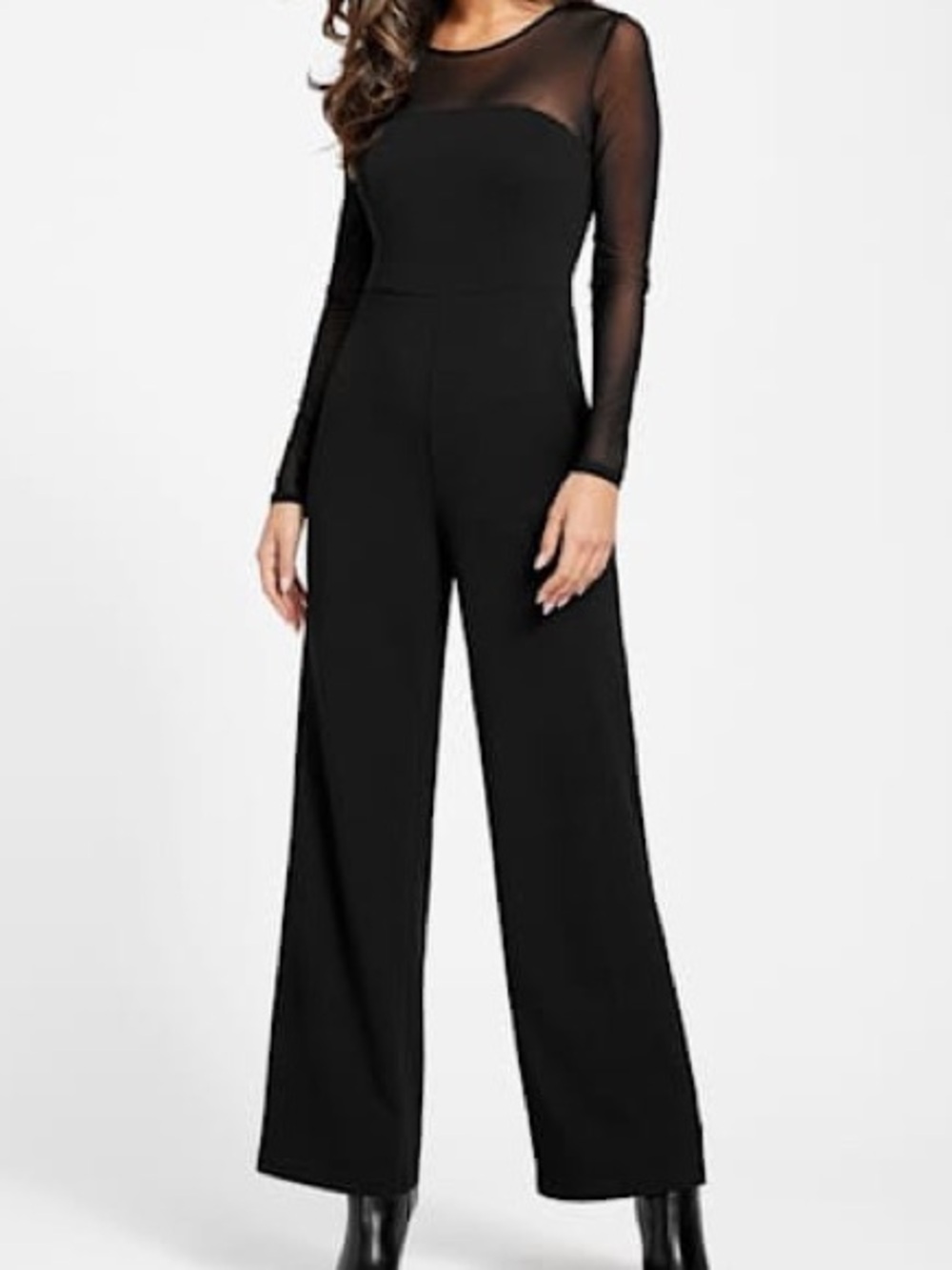 GUESS Baha Jumpsuit Jet Black Sheer Mesh Long Sleeve Size L NWT